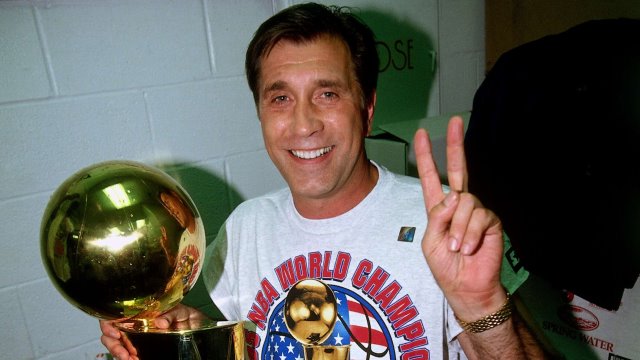 HOUSTON - JUNE 14:  Head coach Rudy Tomjanovich of the Houston Rockets celebrates winning the 1995 NBA Championship after defeating the Orlando Magic in Game Four of the 1995 NBA Finals at the Summit on June 14, 1995 in Houston, Texas. The Rockets won 113-101.  NOTE TO USER: User expressly acknowledges that, by downloading and or using this photograph, User is consenting to the terms and conditions of the Getty Images License agreement. Mandatory Copyright Notice: Copyright 1995 NBAE (Photo by Andrew D. Bernstein/NBAE via Getty Images)