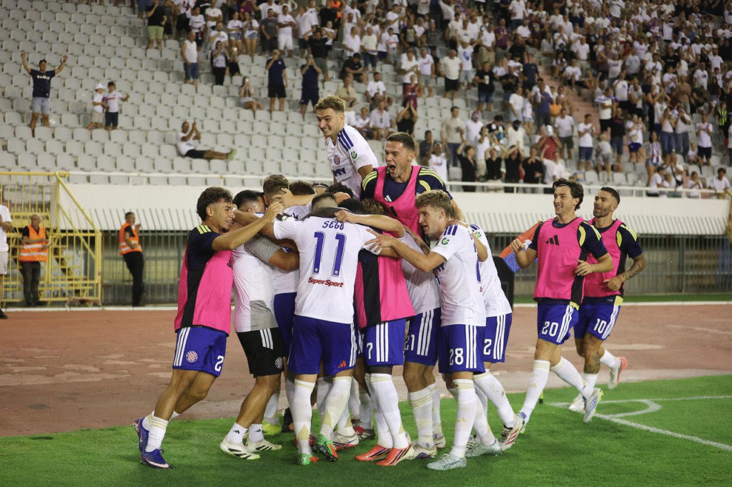Hajduk celebrating Dario Melnjak's goal for 2-0 vs. Pafos.