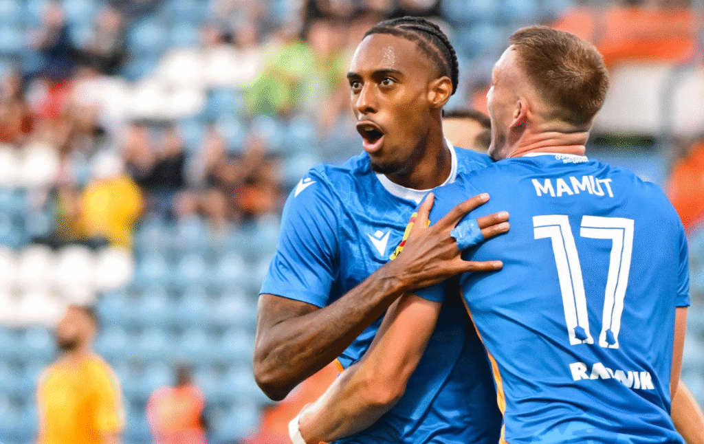 Iuri Tavares and Ivan Mamut celebrating Varaždin taking the lead against Jablonec.